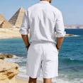 thumbnail image 6 of Men's 2 Pieces Cotton Linen Set Band Collar Button Down Shirt with Pocket Long Sleeve and Shorts Summer Beach Yoga Matching Outfits White, 6 of 8