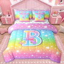Homewish Initial B Letter Bedding Comforter Set 7pcs for Kids, Kawaii Stars Love Heart King Bedding Sets, Dreamy Rainbow Reversible Bed Sheets, Breathable Home Decor