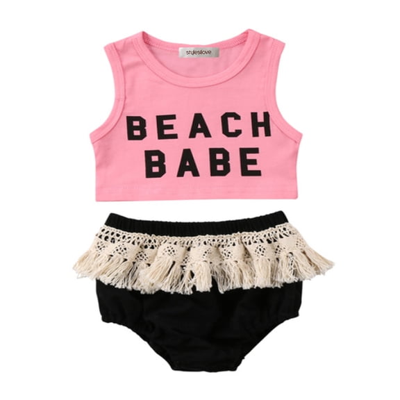 Infant Baby Girl Pink Beach Baby Crop Top and Crochet Lace Fringed Cotton Bloomer 2 pcs Set (100/12-18 Months)