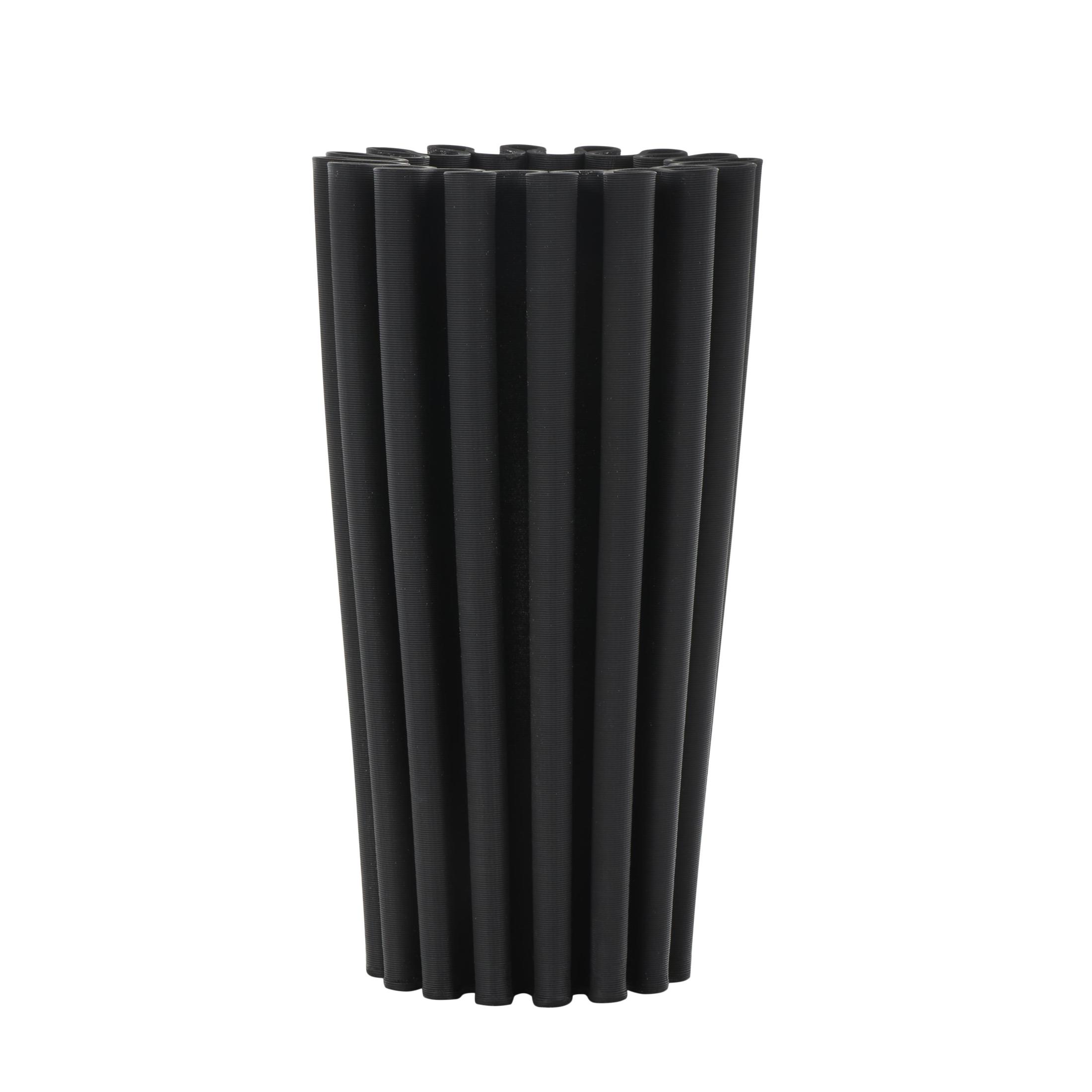 DecMode 12" Abstract Dimensional Ribbed Black Ceramic Vase with Cylindrical Ridges