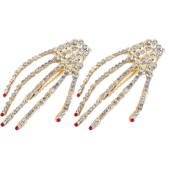 2-Pack Rhinestone Skeleton Hand Hair Clips, Punk Sparkle Barrette for Parties