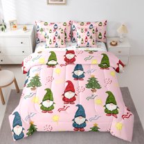 Manfei Colorful Gnome 7pcs Bedding Comforter Set,Candy Cane Stars Queen Bedding Sets,Merry Christmas Queen Sheet Sets For Child,Microfiber Bedroom Decor Reversible