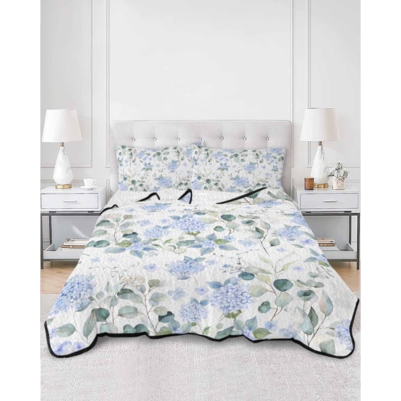 Quilts Queen Size, Blue Flower Soft Comforter Bedding Set for Bed, Sage Green Eucalyptus Leaf Farmhouse Country Lightweight Quilted Bedspread with Pillow Cover(2 Pieces) for All Season, 90x96 Inch