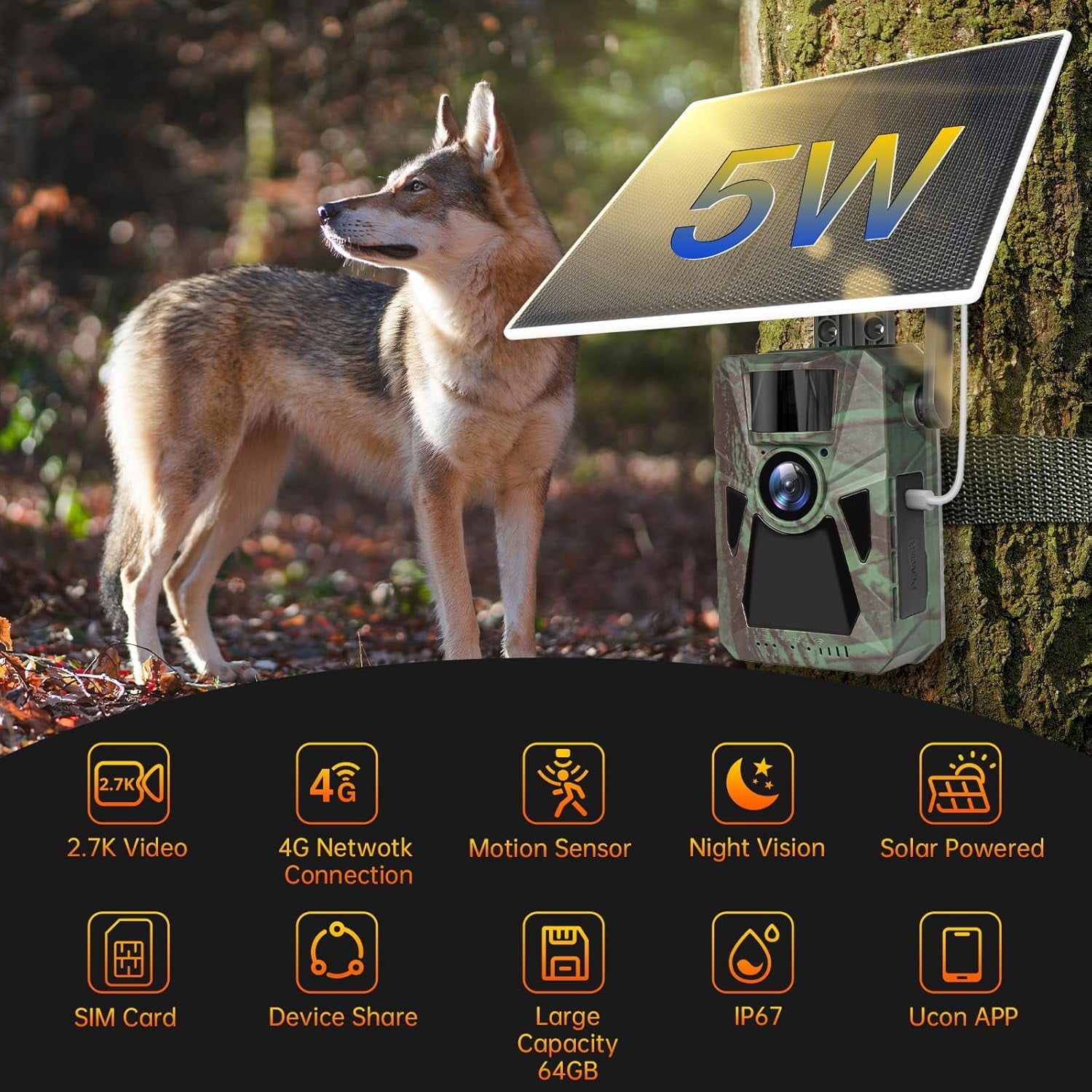 Solar 4G Cellular Trail Camera – 2.7K Ultra HD,Built-in 7500mAh Battery, Auto Nationwide Connection, Night Vision, Hunting Game Cam for Wildlife, Security & Surveillance