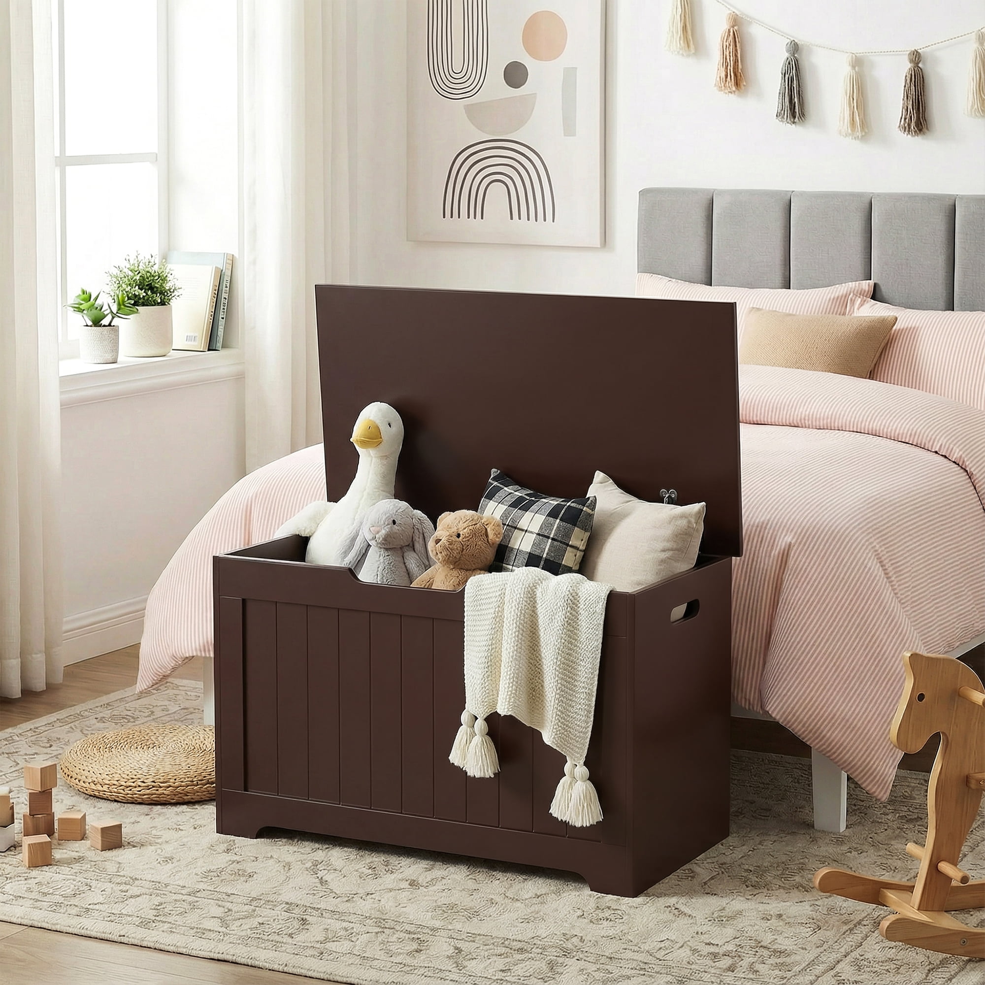 SuperDeal 30-Inch Lift Top Storage Chest Wooden Home Organizer Bench with Safety Hinged Lid Large MDF Toy Box Entryway Bedroom Living Room, Brown