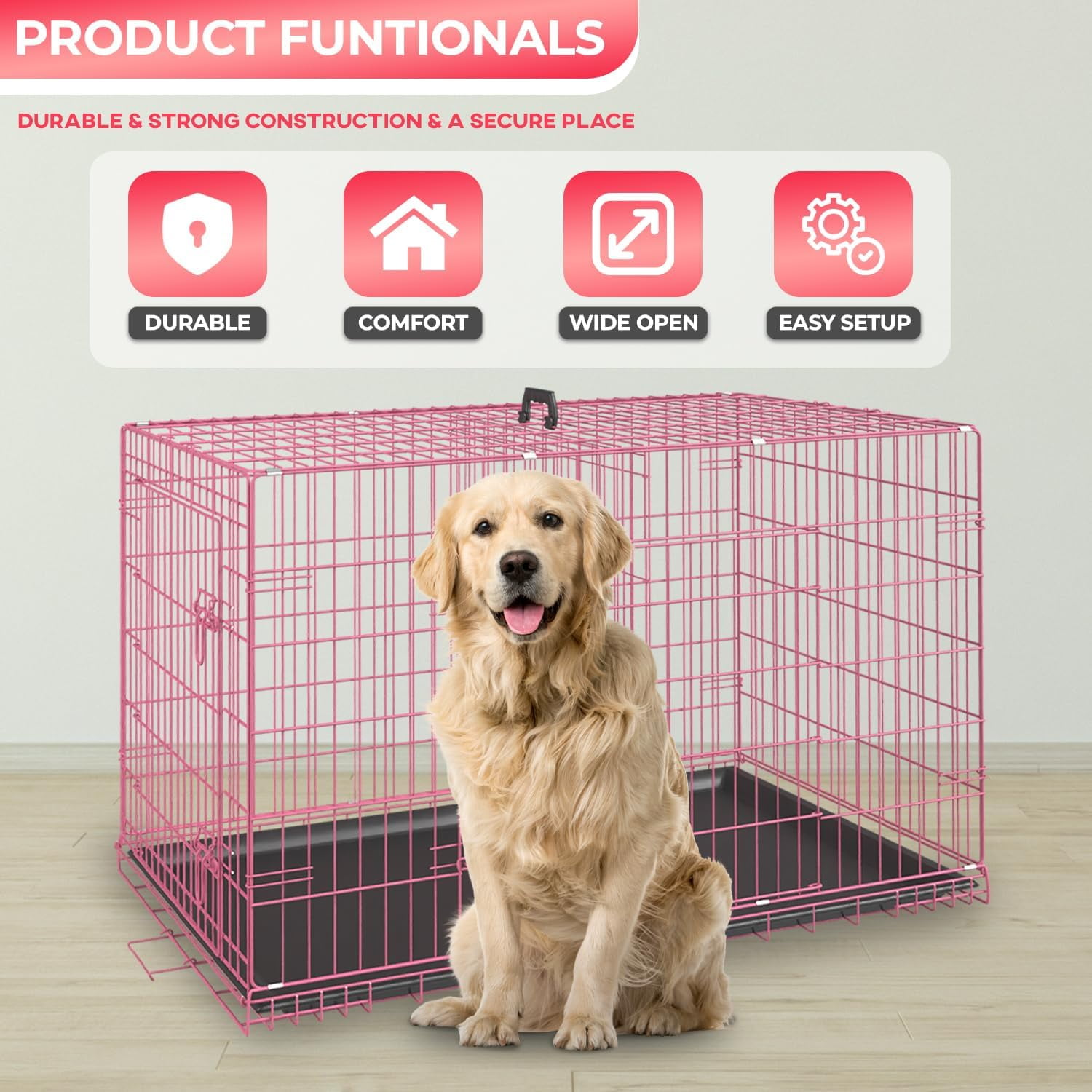 Dog Crates for Large Dogs 48 Inch Folding Mental Wire Crates Outdoor and Indoor Pet Dog Cage with Double-Door, Divider Panel, Removable Tray, Pink