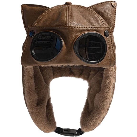 Jiibva PU Leather Bomber Hat Retro Windproof Plus Fluff Pilot Hat Lining Winter Ear Protection Hat Thickened Warm Trapper Hat with Earflaps