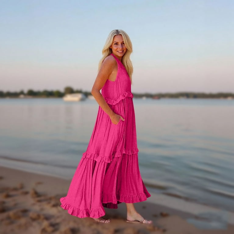 Evdexr Sun Dresses for Women 2025 Vacation Ruffle Tiered Flowy Maxi Dresses  Beach Wedding Guest Dress with Pockets Hot Pink 2XL - Walmart.com