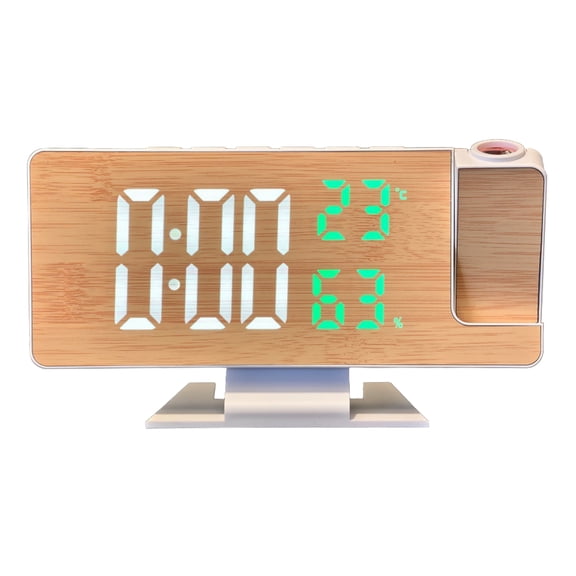 lixuesong Multifunctional Wood Pattern LED Projection Alarm Clock with Large Screen Temperature Humidity Display for Home Office