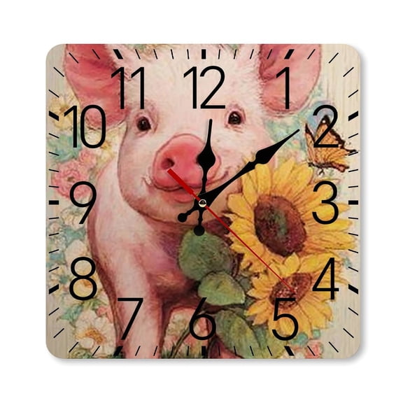 RKSupls 10×10inch Square Silent Wall Clock Wooden Frame, Pig Butterfly Flower Scale Decorative Clock for Home Bedroom Living Room Office