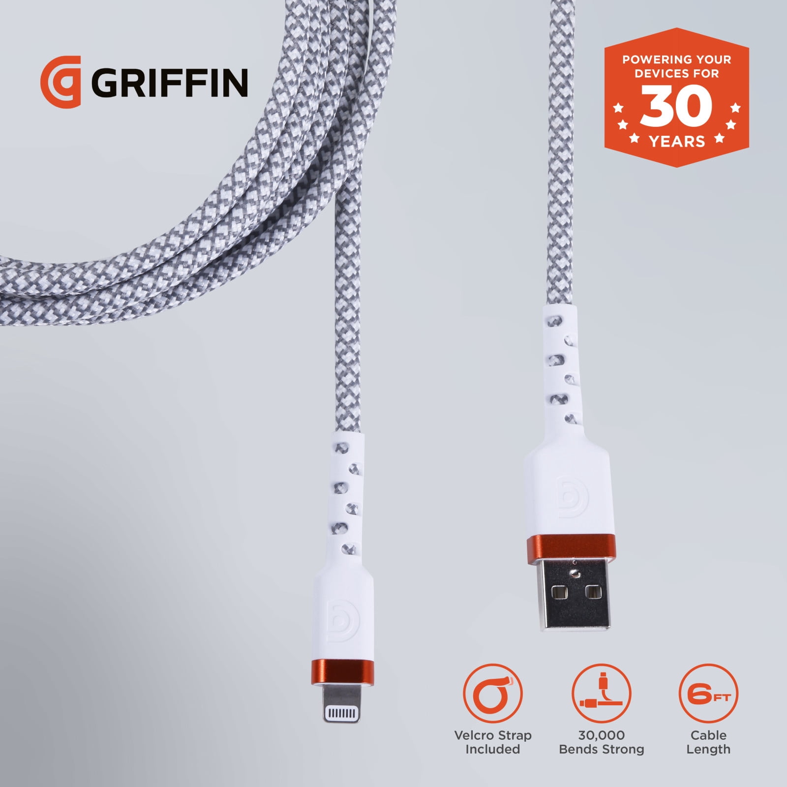 Griffin Ultra Durable 6FT Lightning to USB-A Charge & Sync Cable with Velcro Strap for iPhone, iPad, iPod, Fast Charging, Durable Nylon Braided, Apple Lightning Cable