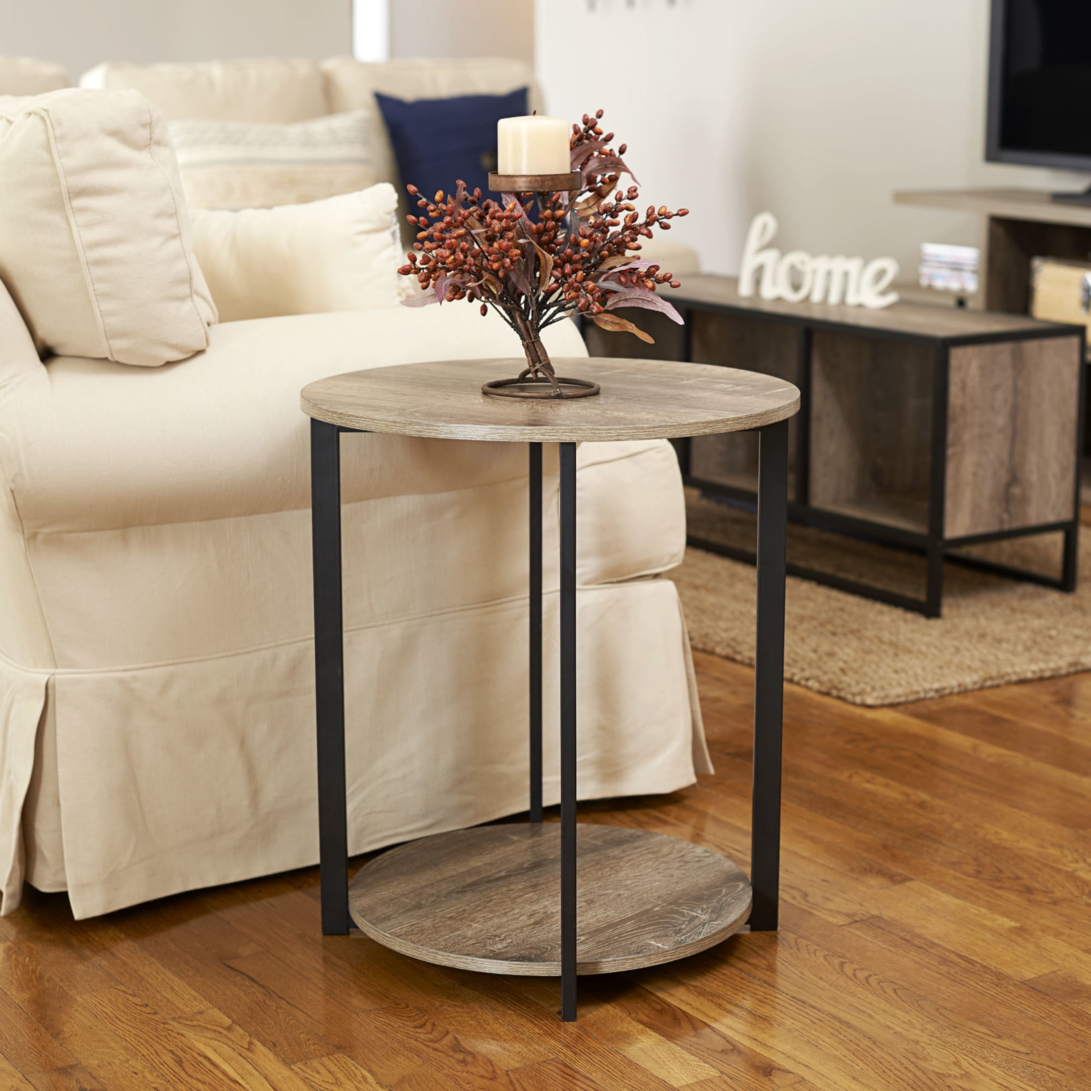 Household Essentials Jamestown Round Side End Table with Storage Shelf Ashwood Rustic Wood Grain and Black Metal