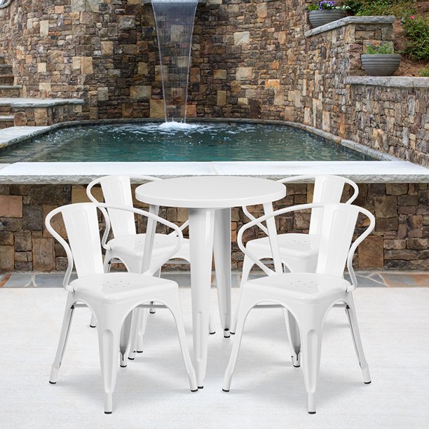 Commercial 24 Round White Metal Indoor Outdoor Table Set With 4 Arm Chairs Walmart Com Walmart Com