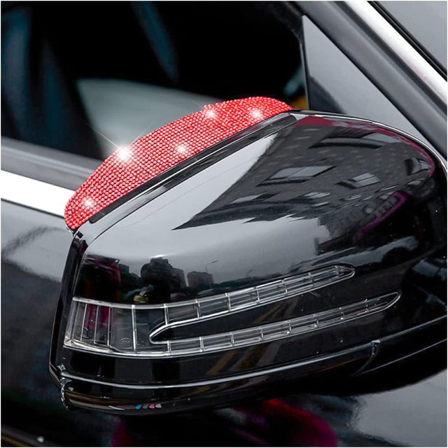 LAICAIW 2PCS Car Rear View Mirror Rain Eyebrows, Bling Crystal Rear View Mirror Rain Visor Guard, Rhinestone Rainproof Car Side Mirror Rain Visor Smoke Cover, Universal for Car, Truck, SUV(Red)