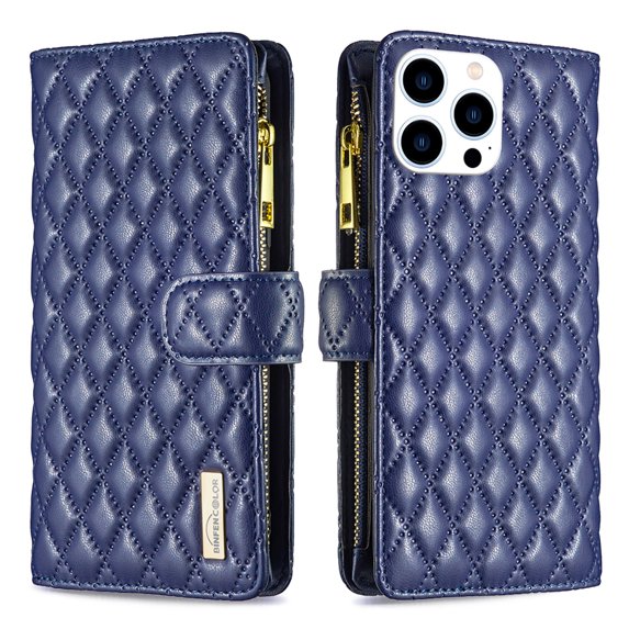 K-Lion Case for Apple iPhone 14 Pro 6.1 inch,Premium PU Leather Zipper Pocket Magnetic Clasp Folio Flip Holder ID Credit Card Slots Wallet Phone Case with Wrist Strap,Blue