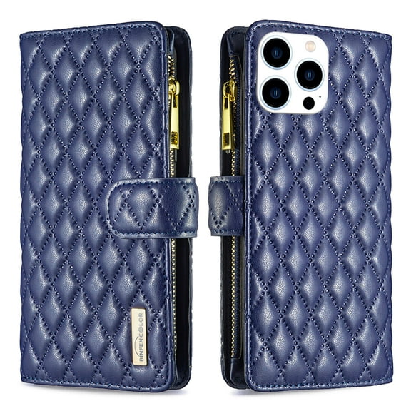 K-Lion Case for Apple iPhone 14 Pro 6.1 inch,Premium PU Leather Zipper Pocket Magnetic Clasp Folio Flip Holder ID Credit Card Slots Wallet Phone Case with Wrist Strap,Blue