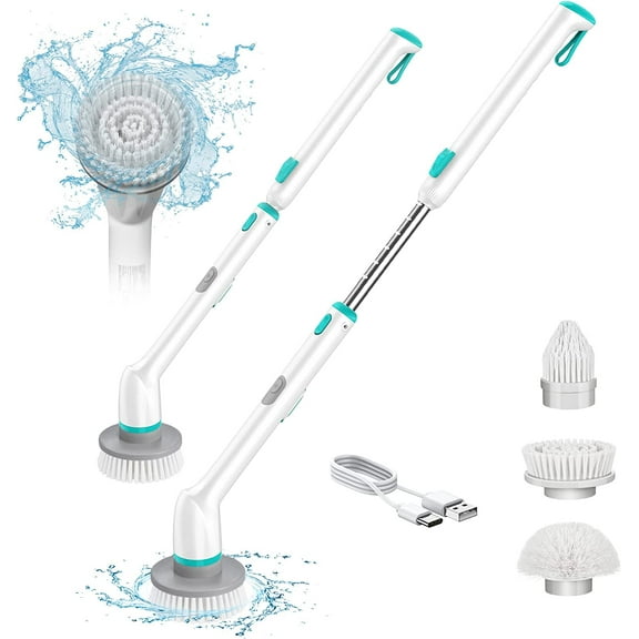 300/350RPM Electric Spin Scrubber, IPX7 Fully Waterproof Cordless Shower Scrubber, 18.5-49.2" Adjustable Arm, up to 90Min, Double Modes of Short & Long Handle, 3 Brushes Heads, Cleaning Brush for Bat