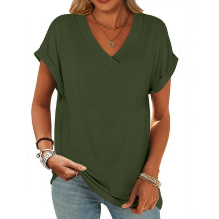Corset Tops For Women  Casual Colors V Neck Short Sleeve Shirt T Top Plus Size Women Spring Tops 2025 Going Out Basic Tops Athletic Graphic Tees Hot Pink Tops Shirts Casual (L  Army Green) ZMTing