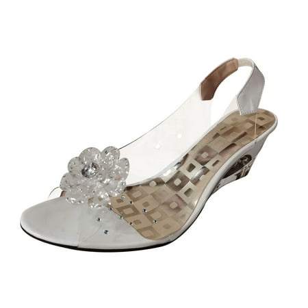 CHOII 50% Clearance Women s Ladies Sweet Fashion Wedges Crystal Flower Peep Toe Sandals Shoes High-heeled Sandals Transparent Upper  Bloom your Beauty Ankle Strap Sandals Comfort Sandals Beige/6
