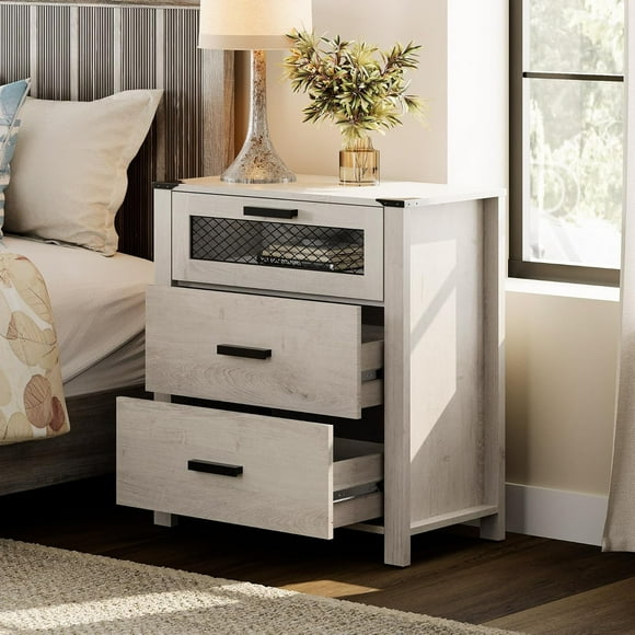 WAMPAT Nightstand, Tall 3-Drawer Bedside Table, Bedroom End Table, Living Room Chest of Drawers, Antique White