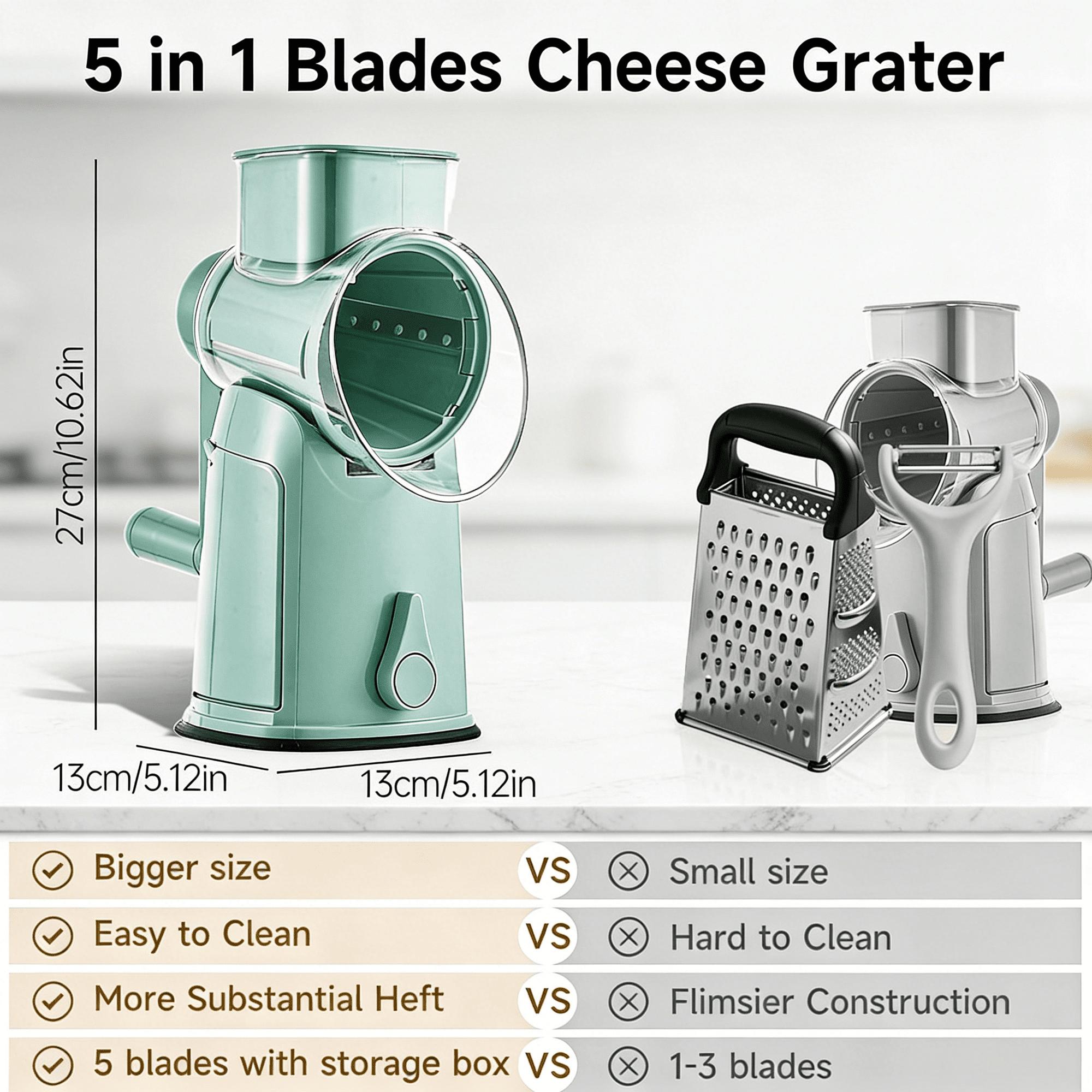 Rotary Cheese Grater Hand Crank, 5 in 1 Mandoline Vegetable Slicer - 10 Sets of Blades - Kitchen Cheese Grater Shredder with Handle for Fruit,Vegetable,Nuts