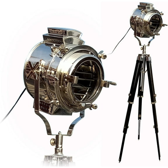 Vintage Studio Collectible Nautical Chrome Searchlight Black Tripod Spotlights Floor Lamp Lamp