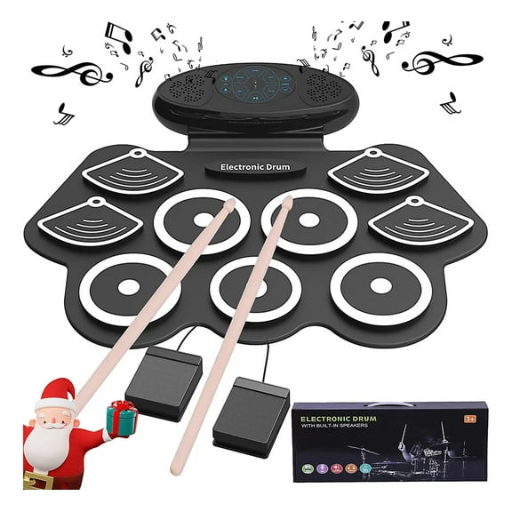 Juego de Batería Electrónica Portátil Enrollable, Bateria Musical con 7 Almohadillas para Orejas de Batería, 2 Pedales, Negro