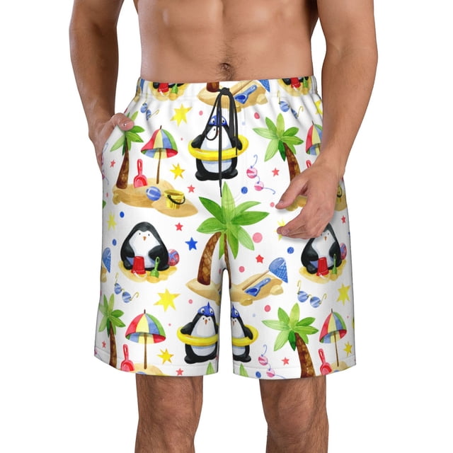 Balery Penguins On The Beach Traje de Baño Estilo Hawaiano para Hombre, Shorts de Secado Rápido con Bolsillos-X-Large