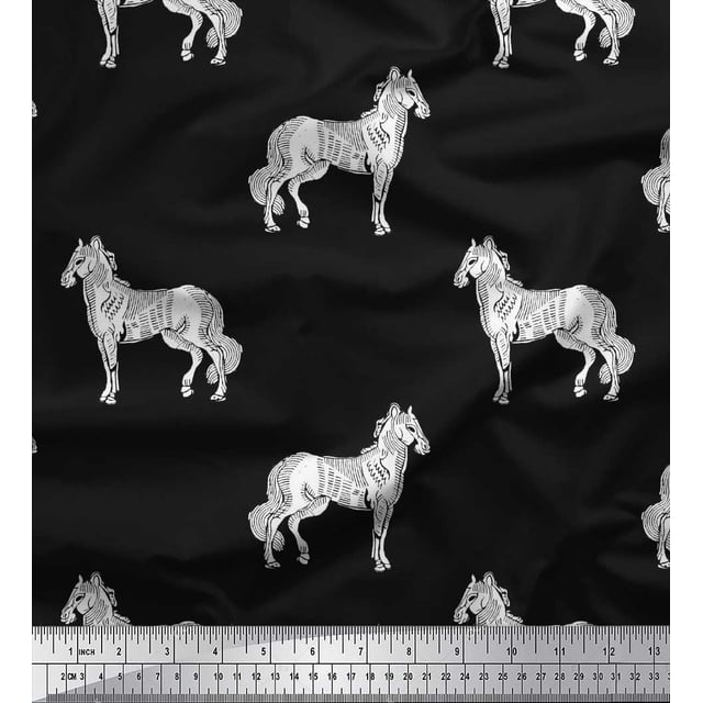 Soimoi Velvet Fabric Horse Block Print Fabric by Yard 58 Inch Wide
