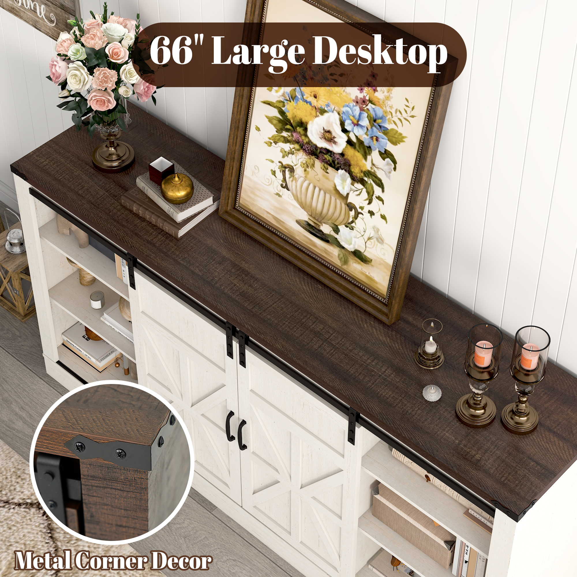 Chvans 66" Farmhouse TV Stand with Sliding Barn Doors & Charging, White photo 4