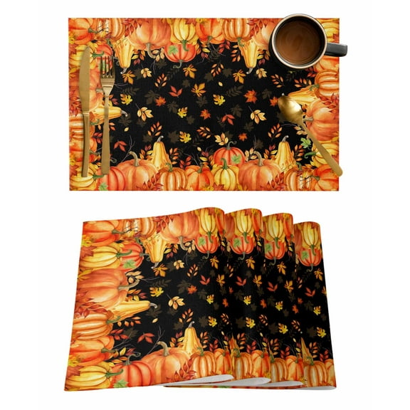 Thanksgiving Pumpkin Placemats Set of 4 Fall Deciduous Retro Black Texture Heat Insulation Washable Place Mats, Rustic Non-Slip Table Mats for Dining Table Party Kitchen Decor,13x19 Inch