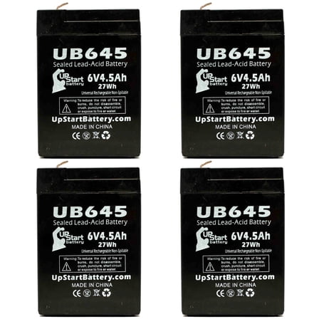 4x Pack - Compatible Storage Battery Systems S640 Battery - Replacement UB645 Universal Sealed Lead Acid Battery (6V 4.5Ah, 4500mAh, F1 Terminal, AGM, SLA) - Includes 8 F1 to F2 Terminal Adapters