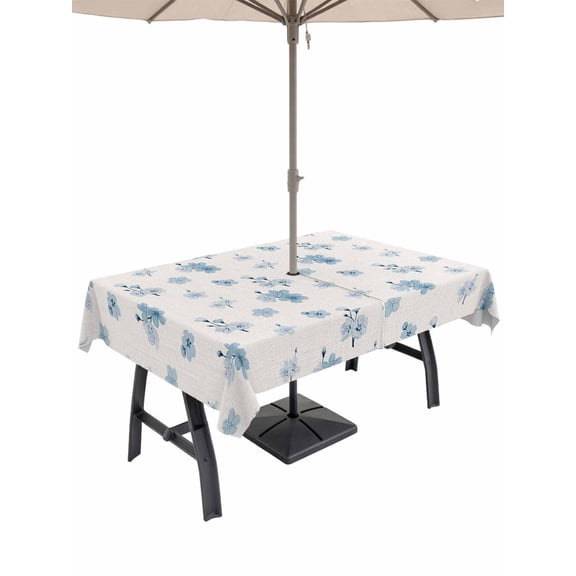 Outdoor Tablecloth with Umbrella Hole for Patio/Picnic/Party/Camping, Spring Floral Waterproof Table Cloth Rectangle Table Cover Washable, Blue Cherry Flowers Blossoms Beige (60"x 120")