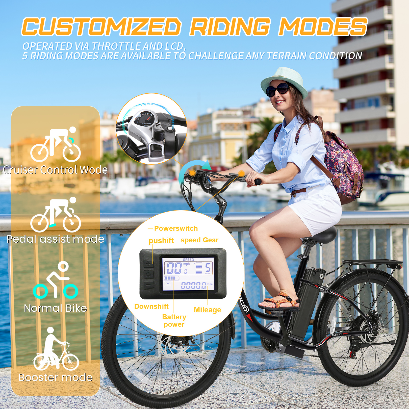 Gocio 26" Electric Bike for Adults, 500W Motor, City Commuter E-Bike, 48V 7.8Ah Removable Battery, Max 19.8Mph, 7 Speed, UL2849​