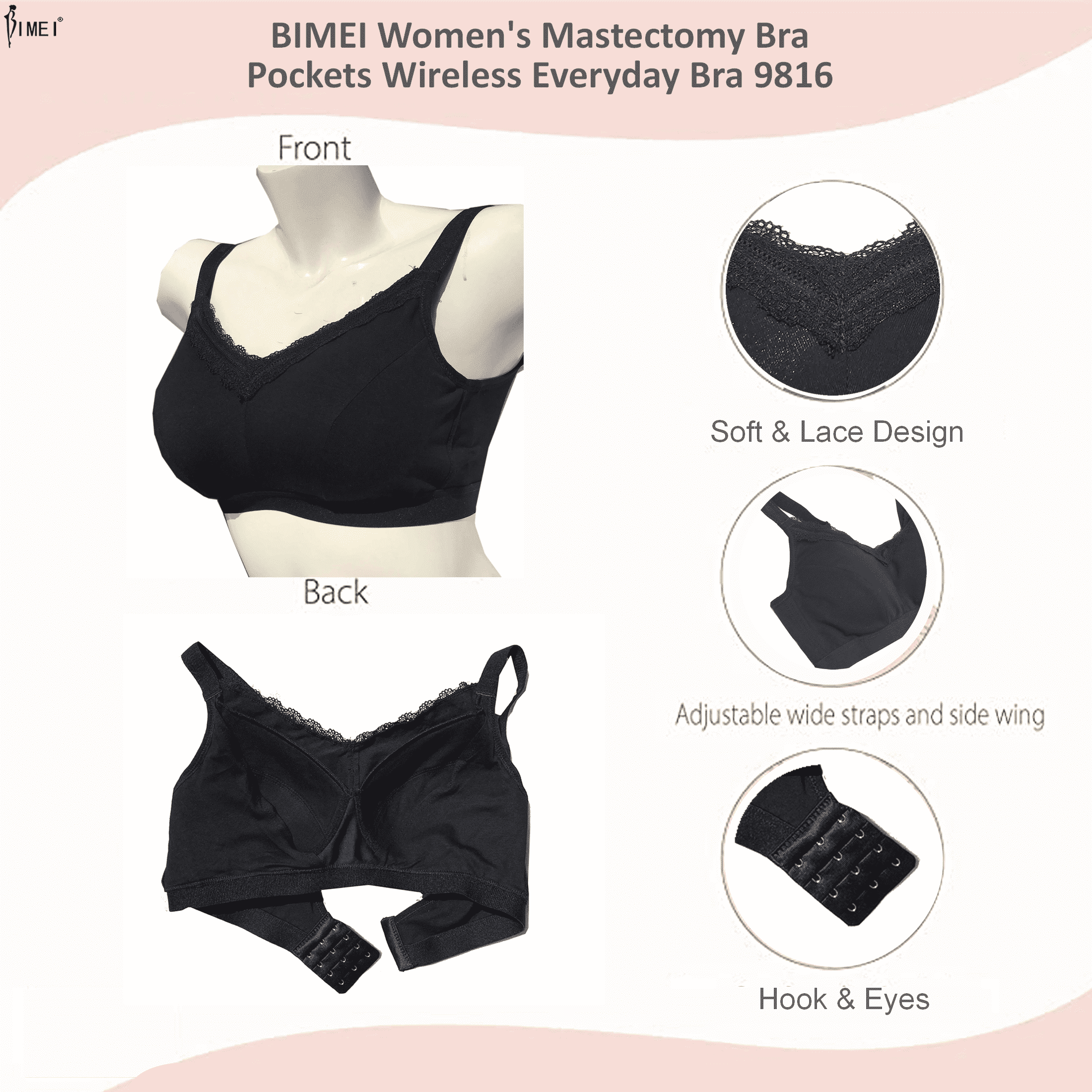 BIMEI Women's Mastectomy Bra Molded-Cup Post Surgery for Silicone Breast  Prosthesis with Pockets Everyday Bra 9816,Black,38B 