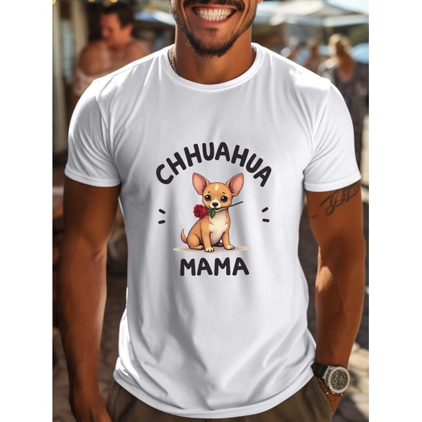 Men'S Chihuahua & Rose Graphic T-Shirt - Casual Short Sleeve, Breathable Moisture-Wicking Fabric, Comfortable Summer Tee for Outdoor Activities, Outdoor Casual Wear | Playful Dog Print | Comforta