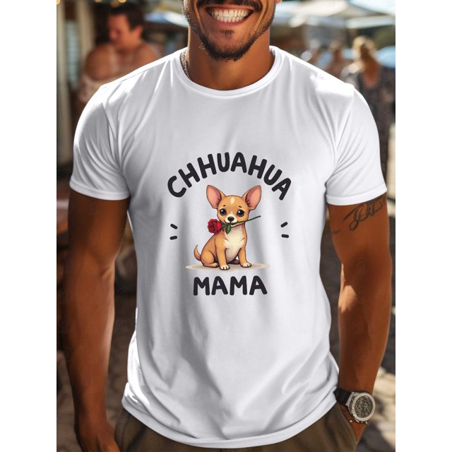 Camiseta con estampado de chihuahua y rosa para hombre - Manga corta informal, tejido transpirable que absorbe la humedad, cómoda camiseta de verano para actividades al aire libre | Estampado de perro