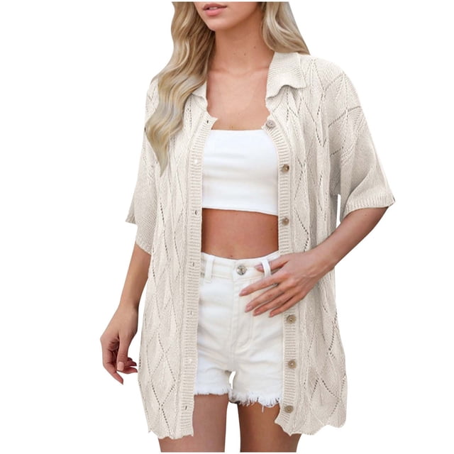 Manga Corta Cardigan Botón de Solapa Suelto de Punto Suéter Superior, Casual Cardigan de Manga Corta para las Mujeres Capa de Moda