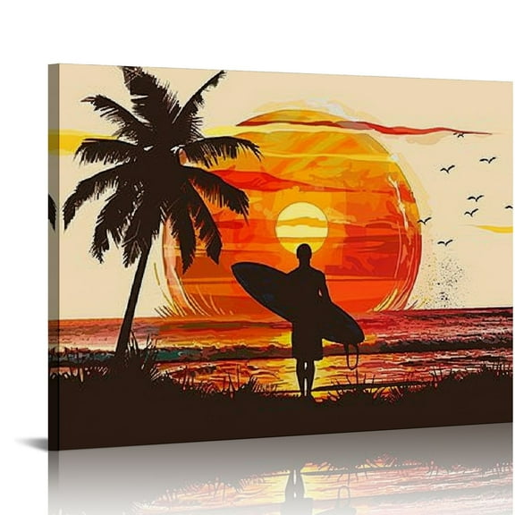 Orinice  surfer tropical beach VINTAGE ART POSTER palm trees SURF BOARD birds   20x16in