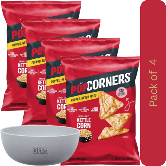 PopCorners Kettle Corn Popped Corn Chips, 4 Pack (7 oz Each) – with Bowl by OMA