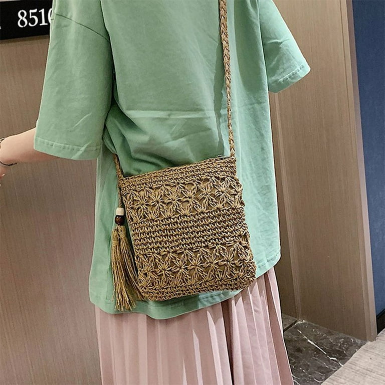 Straw Crossbody Bag, Women Beach Shoulder Summer Top Handle Crossbody Round Purse Ladies Woven Fashion Crochet