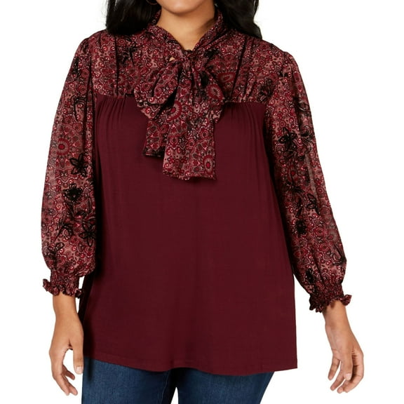 John Paul Richard Womens Tie Neck Pullover Blouse, Red, Plus Size, 2X