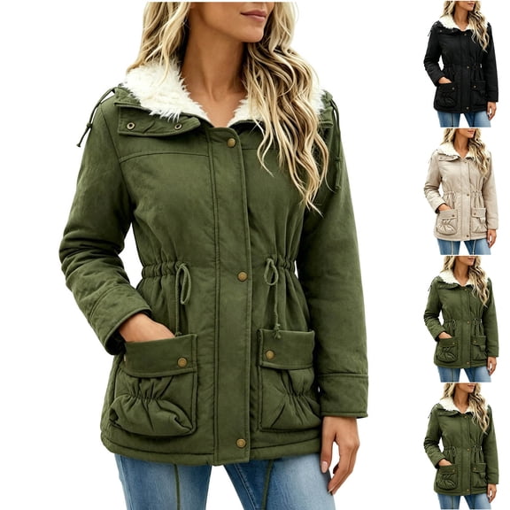 Women's Fleece Lined Parka Jacket Drawstring Waist Hooded Long Sleeve Button Zip Up Winter Thick Coat with Pockets Casual Warm Outerwear Khaki