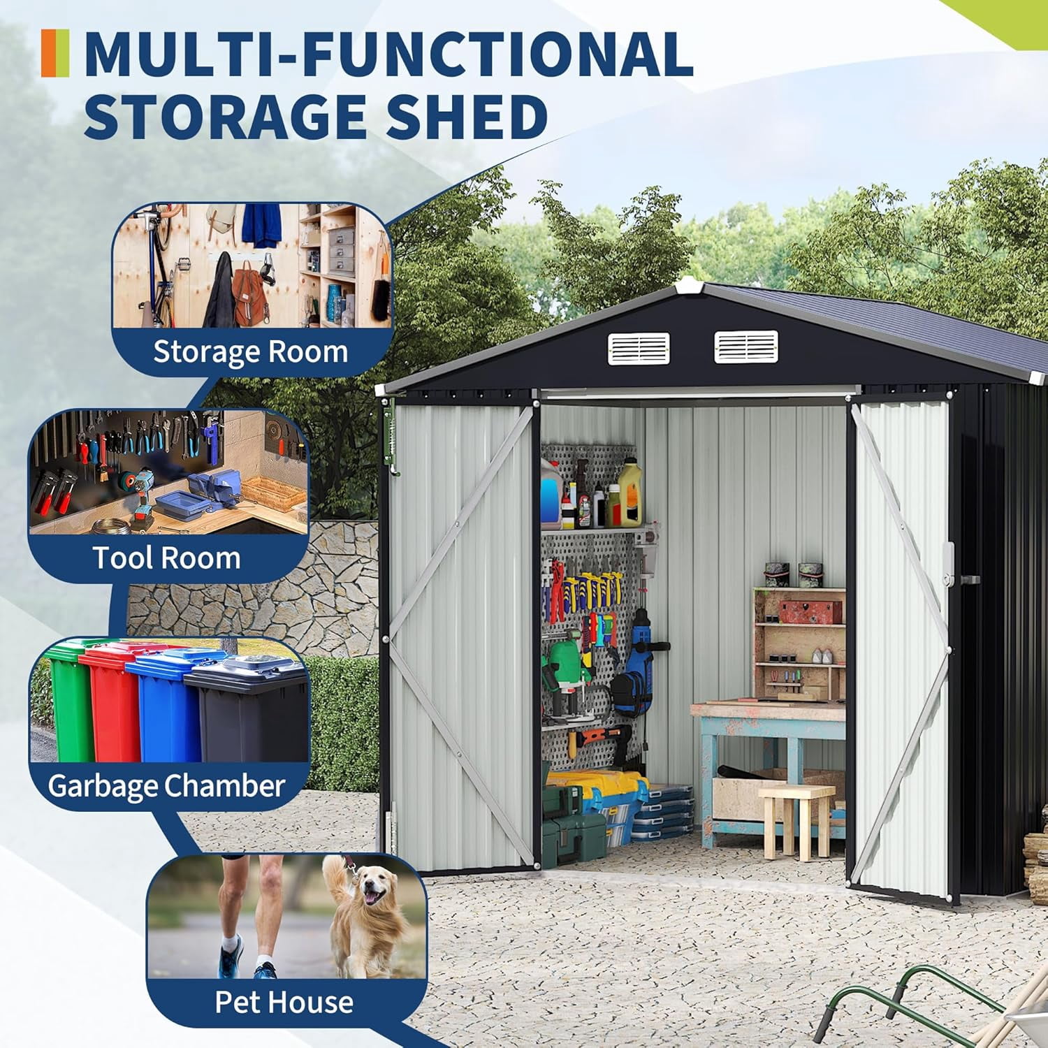 6' x 8'Outdoor Storage Shed,Metal Yard Sheds with Lockable Door&Doors Vents for  Backyard Patio Lawn