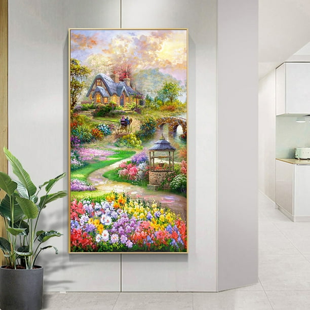 Cuadros Decorativos DIY 5D Full Drill Diamond Nature Garden House Kit de pintura redonda (WT158) Likrtyny embutido en tela