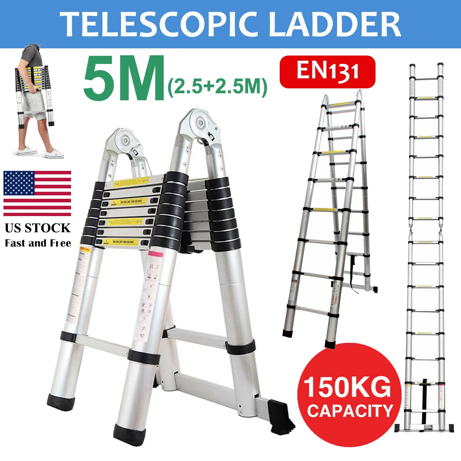 Details about   8.5FT-16.5FT Aluminum Telescopic Extension Ladder Extendable Folding Heavy Duty 
