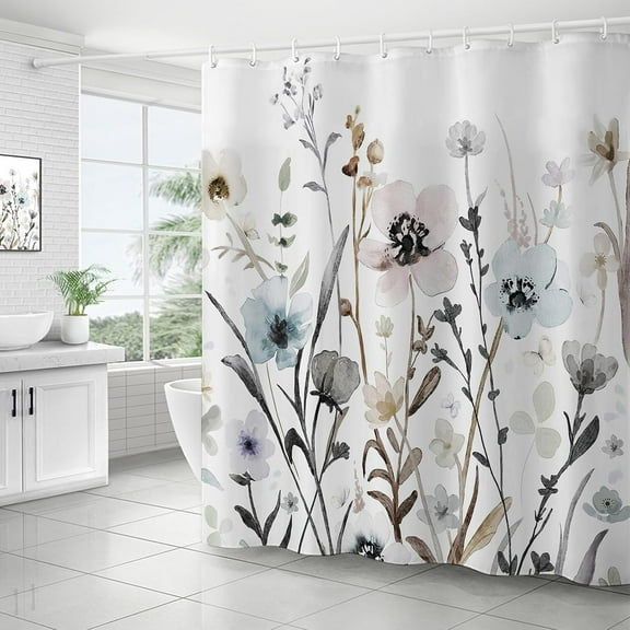 Grey Pink Blue Floral Shower Curtain Watercolor Flower Shower Curtains for Bathroom Waterproof Polyester Fabric Bathroom Curtain 72 x 72 Inch with 12 Plastic Hook
