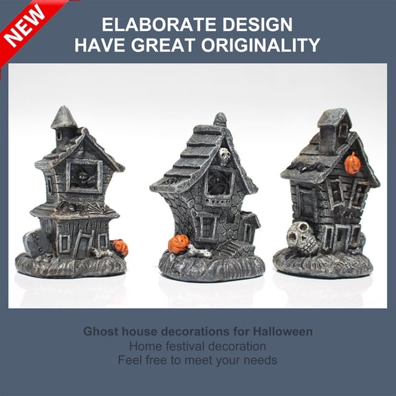 Qocolcyl Halloween Lighted Spooky Cabin Resin Figurine, Skull Pumpkin Ghost Cabin LED Night Light, Indoor Mantel Tabletop Decor, Trick Or Treat Party Mini Horror Village Ornament Holiday Gift