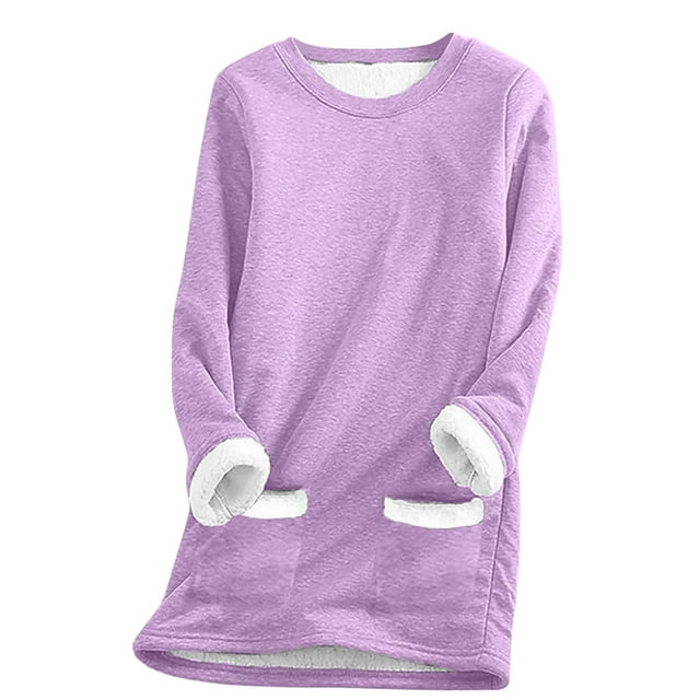 Timegard Womens Tops Fall Winter Fleece Thick Warm Tops Crewneck Comfy Mid Long Blouse with Pocket