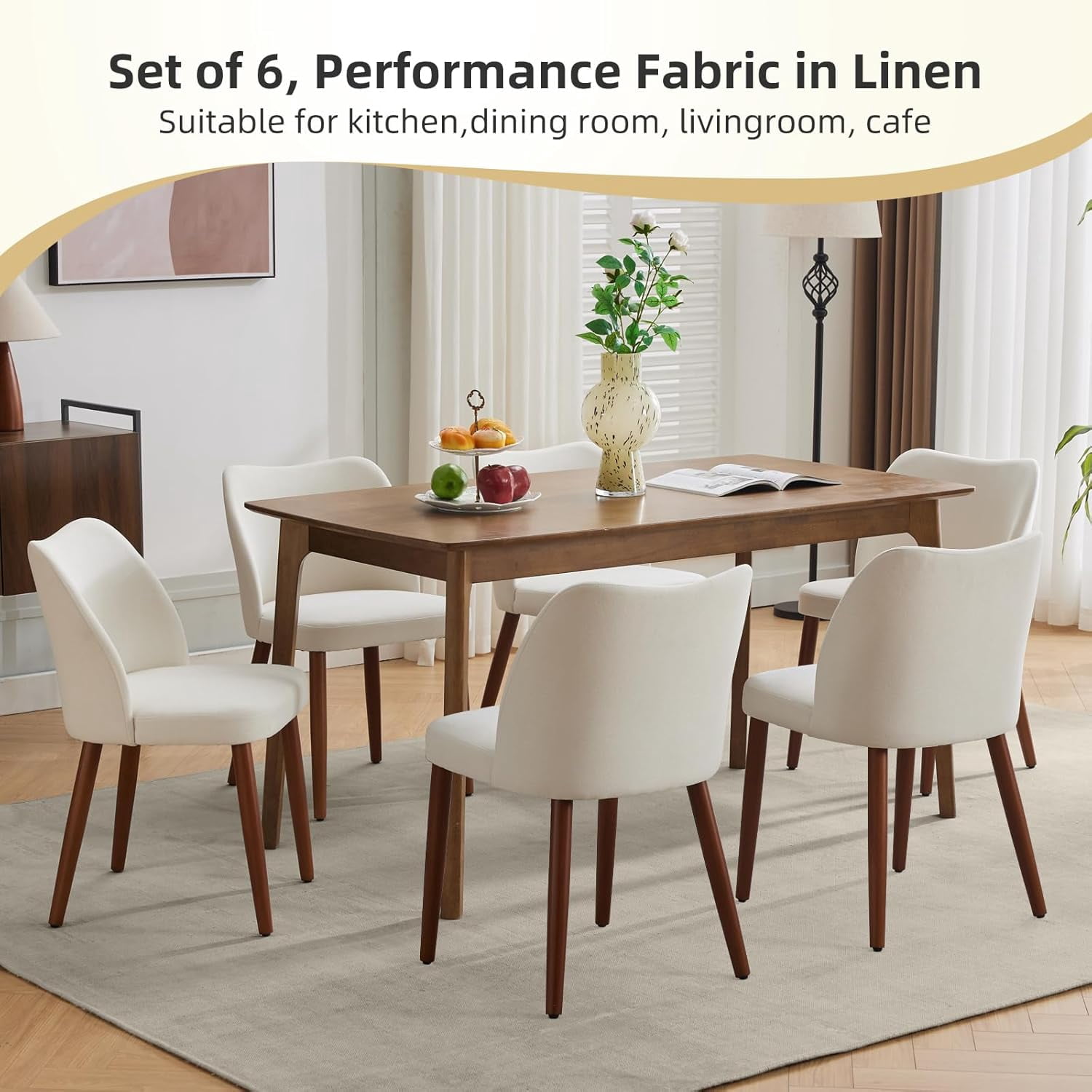 OUTGOODS Set of 2 Modern Dining Chairs, Linen Upholstered, Wood Legs